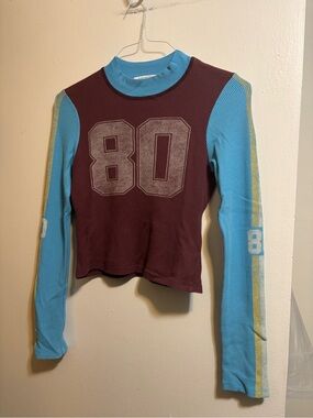 Free People Daydreamer Blue and Maroon '80' Long Sleeve Crop Top, GUC